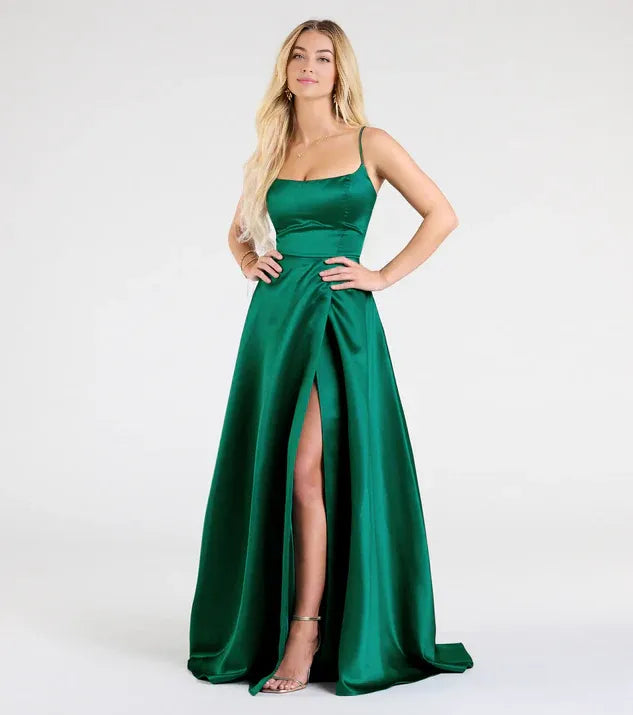 Simple A-Line Square Neck Sleeveless Lace-Up Sweep/Brush Train Prom Dress